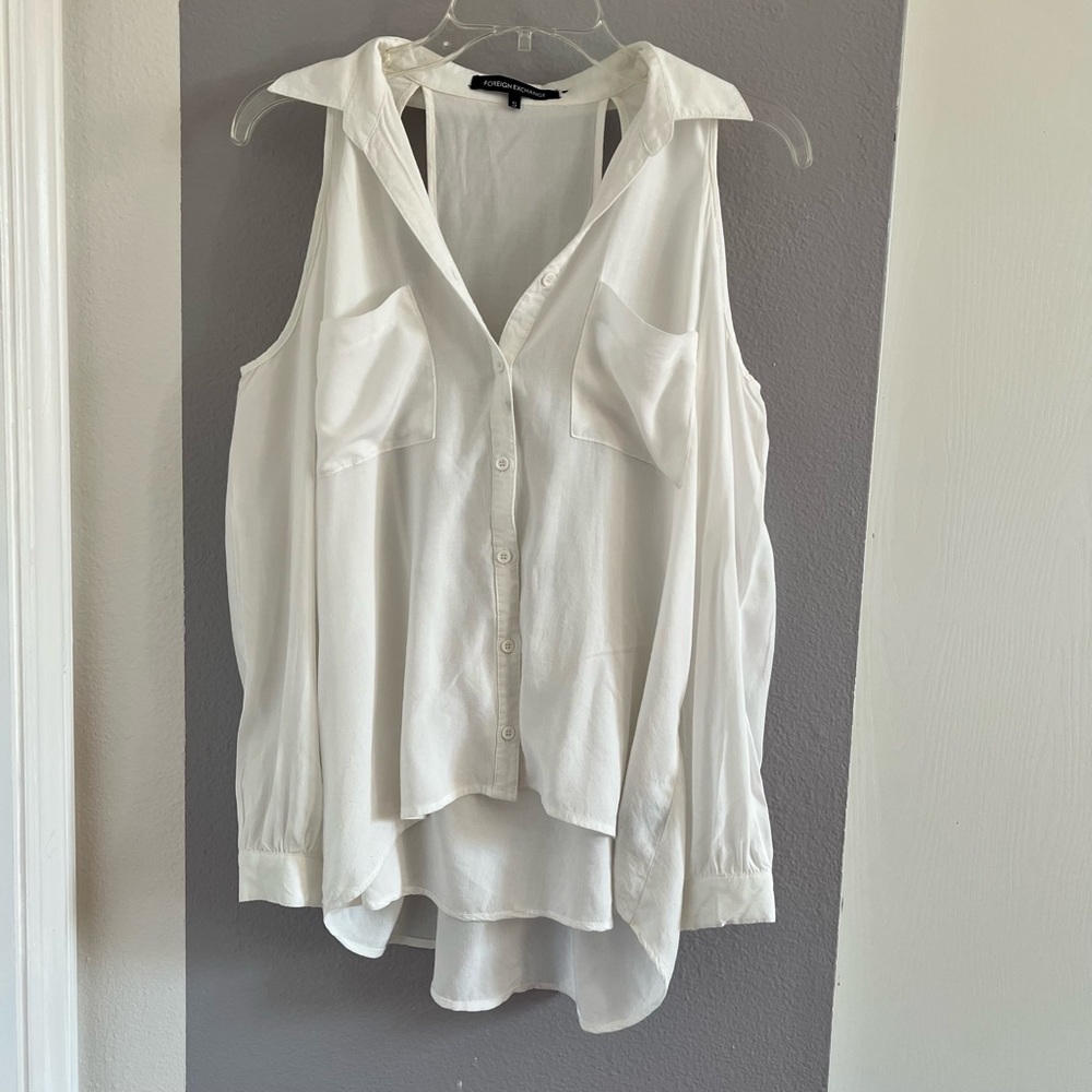 Foreign Exchange Cold Shoulder Button Front Top